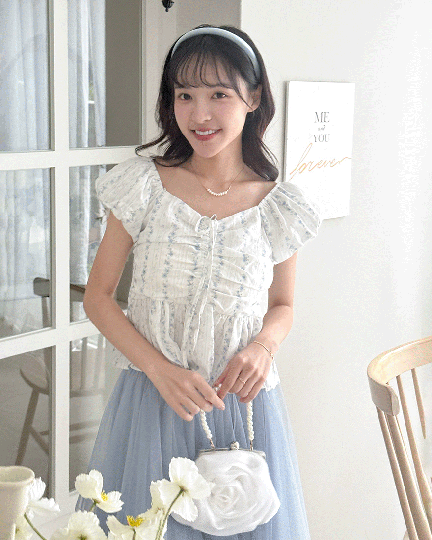 LINA LINA甜美時光碎花條紋光影抓皺上衣-清新藍花