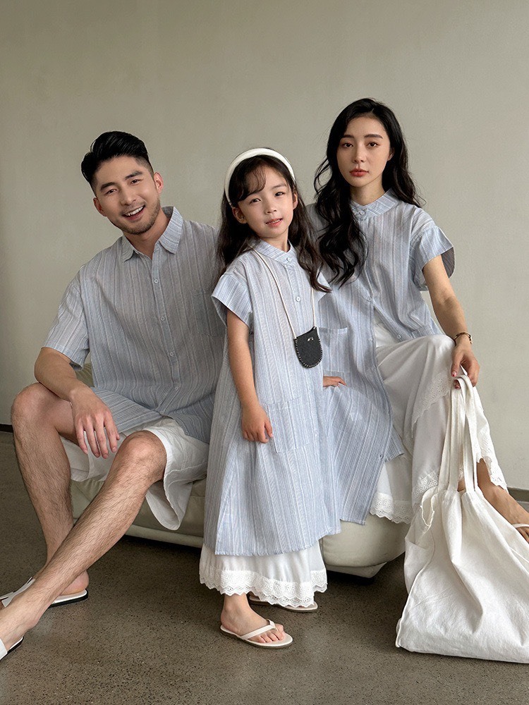 藍條紋短袖襯衫洋裝