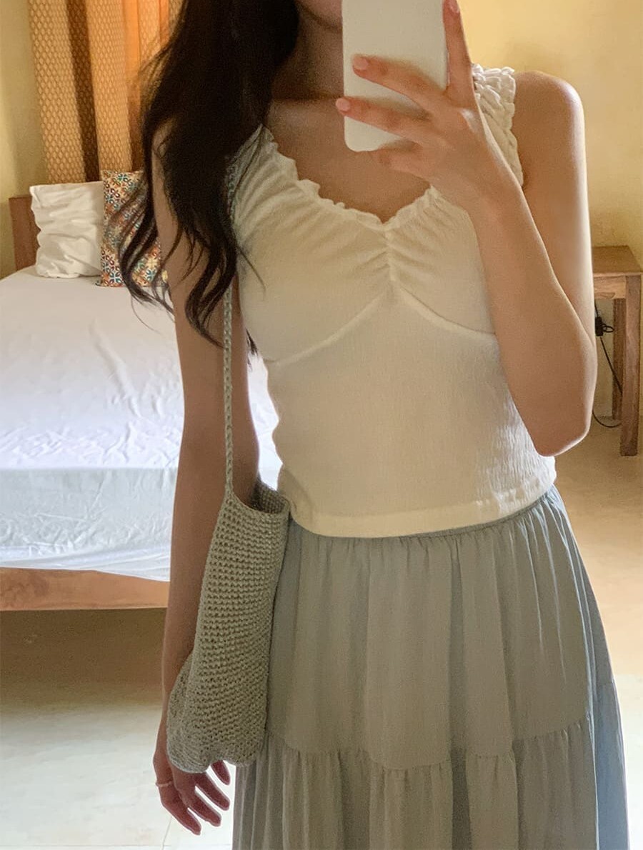 韓國Cherrykoko授權 夏日感性摺皺滾邊簡約V領背心