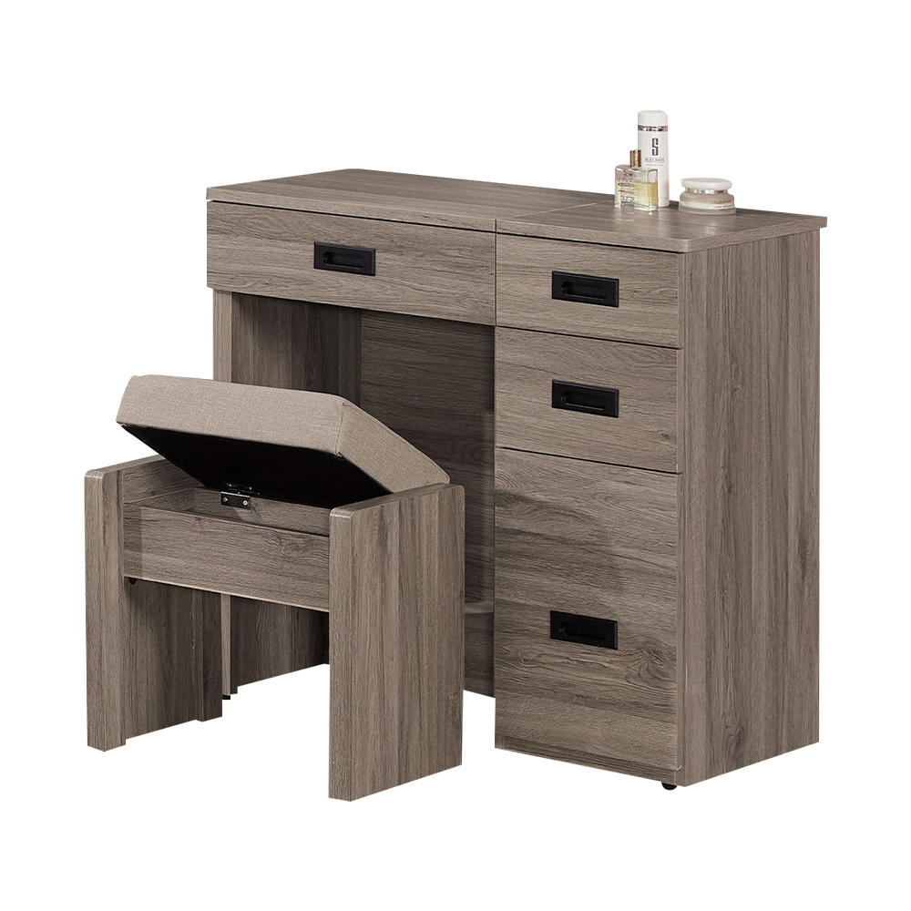 喬西2.7尺灰橡色掀蓋式化妝桌/鏡台/梳妝台(附收納化妝椅)