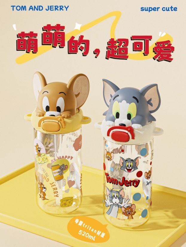 一按即彈！湯姆貓與傑利鼠tritan吸管水杯-0203