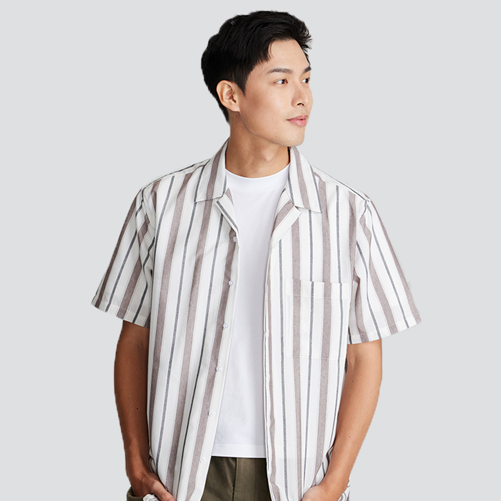 古巴領條紋短袖襯衫-棕紅