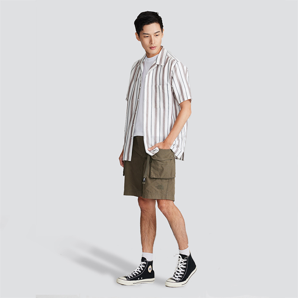 古巴領條紋短袖襯衫-棕紅