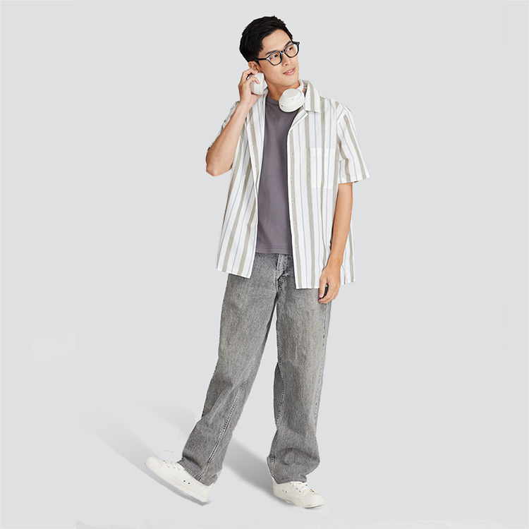 古巴領條紋短袖襯衫-橄欖綠