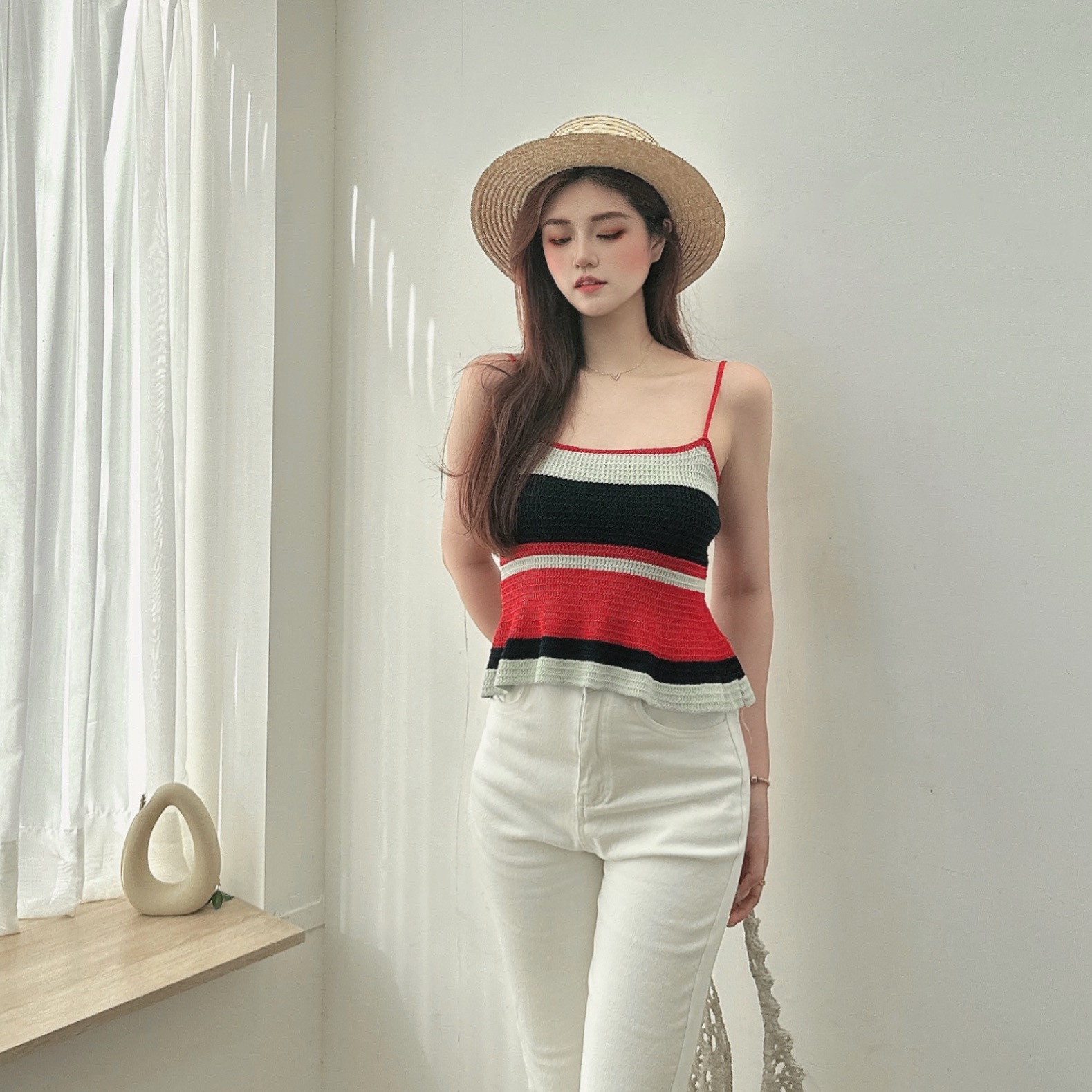 彩色條紋撞色調帶背心/二色