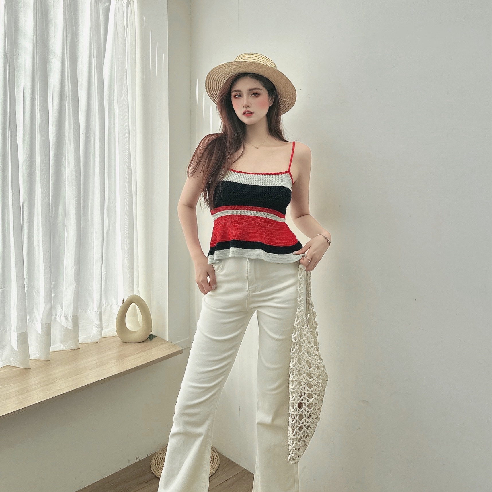 彩色條紋撞色調帶背心/二色