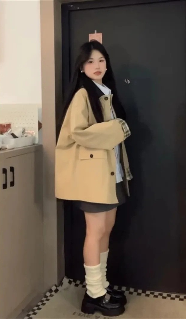 Japanese-British Style Khaki Mid-Length Trench Coat