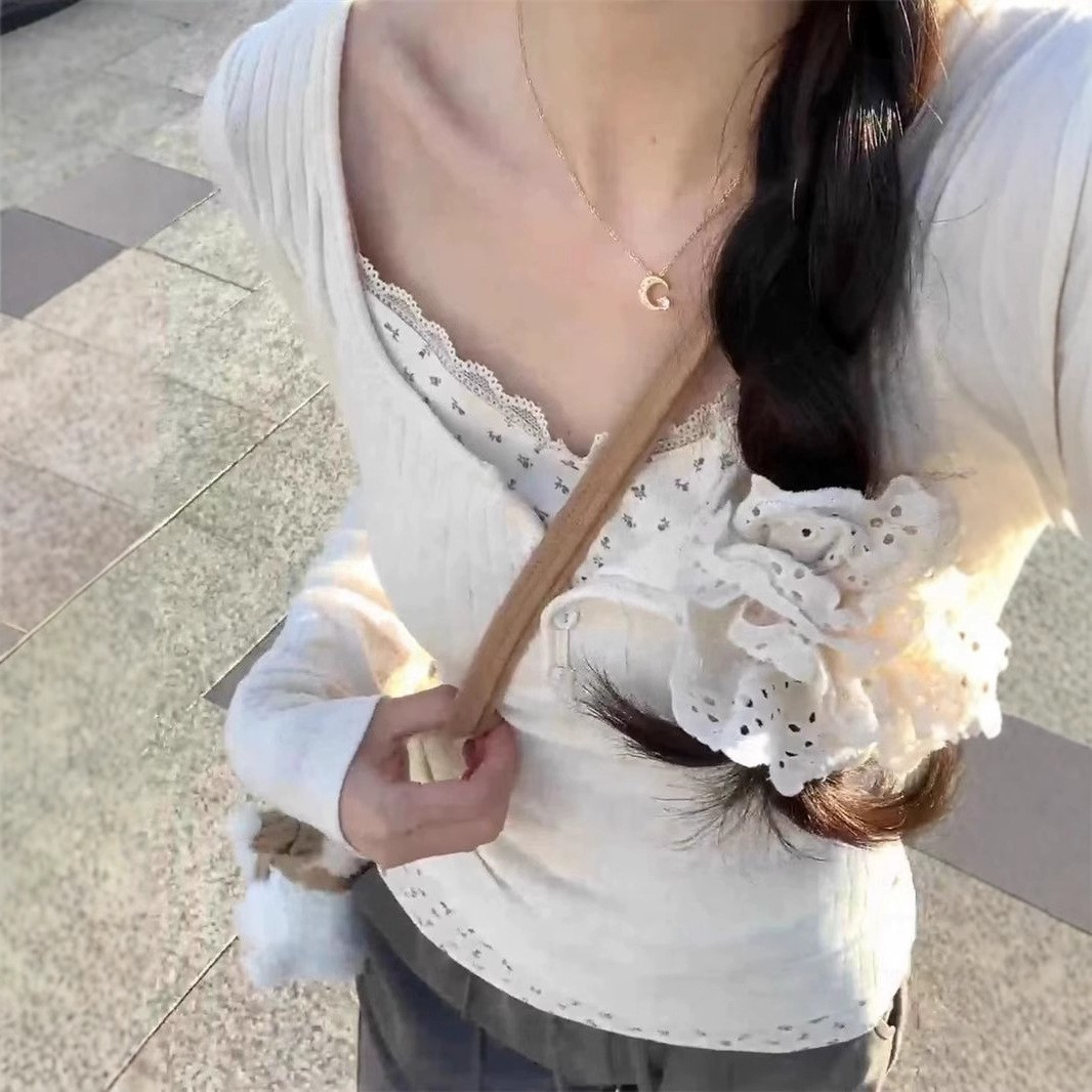 French Balletcore Lace Layered Slim Fit Top