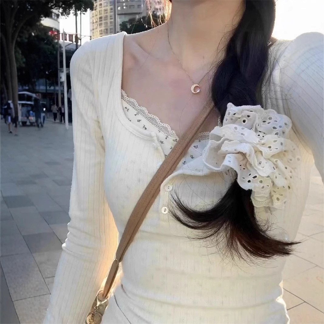 French Balletcore Lace Layered Slim Fit Top