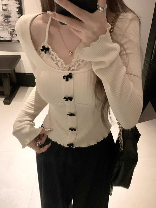 [2 FOR RM50] Lace Patchwork Bow Layered Coquette Top
