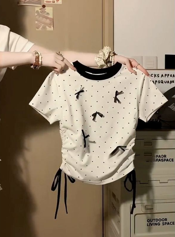 [2 FOR RM50] Balletcore Polka Dot Drawstring Waist Short-Sleeve Tee
