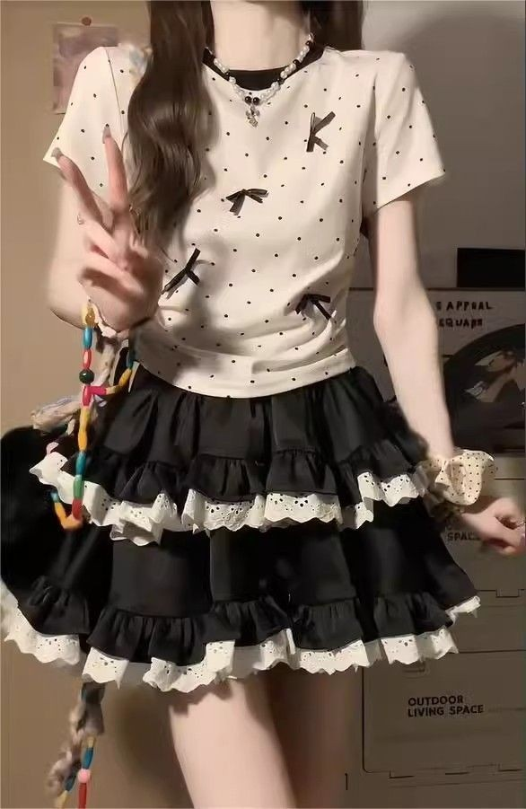 [2 FOR RM50] Balletcore Polka Dot Drawstring Waist Short-Sleeve Tee