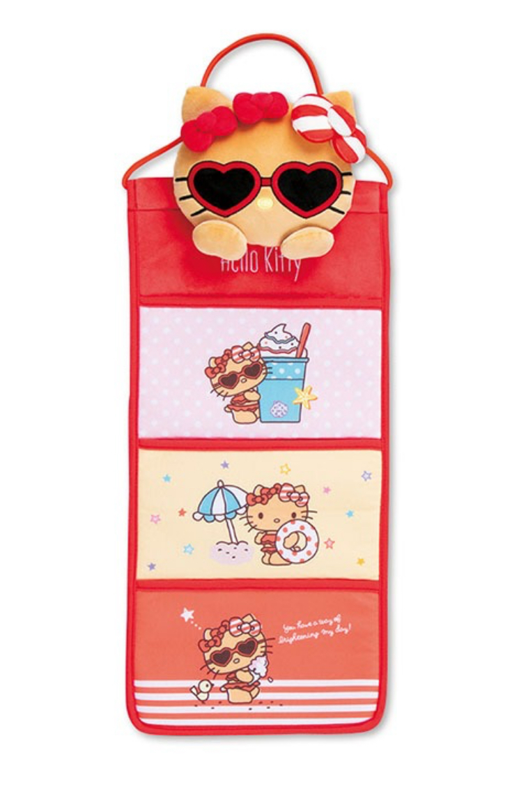 日本Sanrio Hello Kitty 日燒紅色條子系列 立體公仔收納掛袋