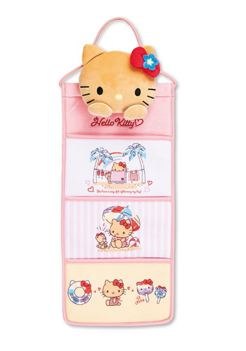 日本Sanrio Hello Kitty 日燒紅色條子系列 立體公仔收納掛袋