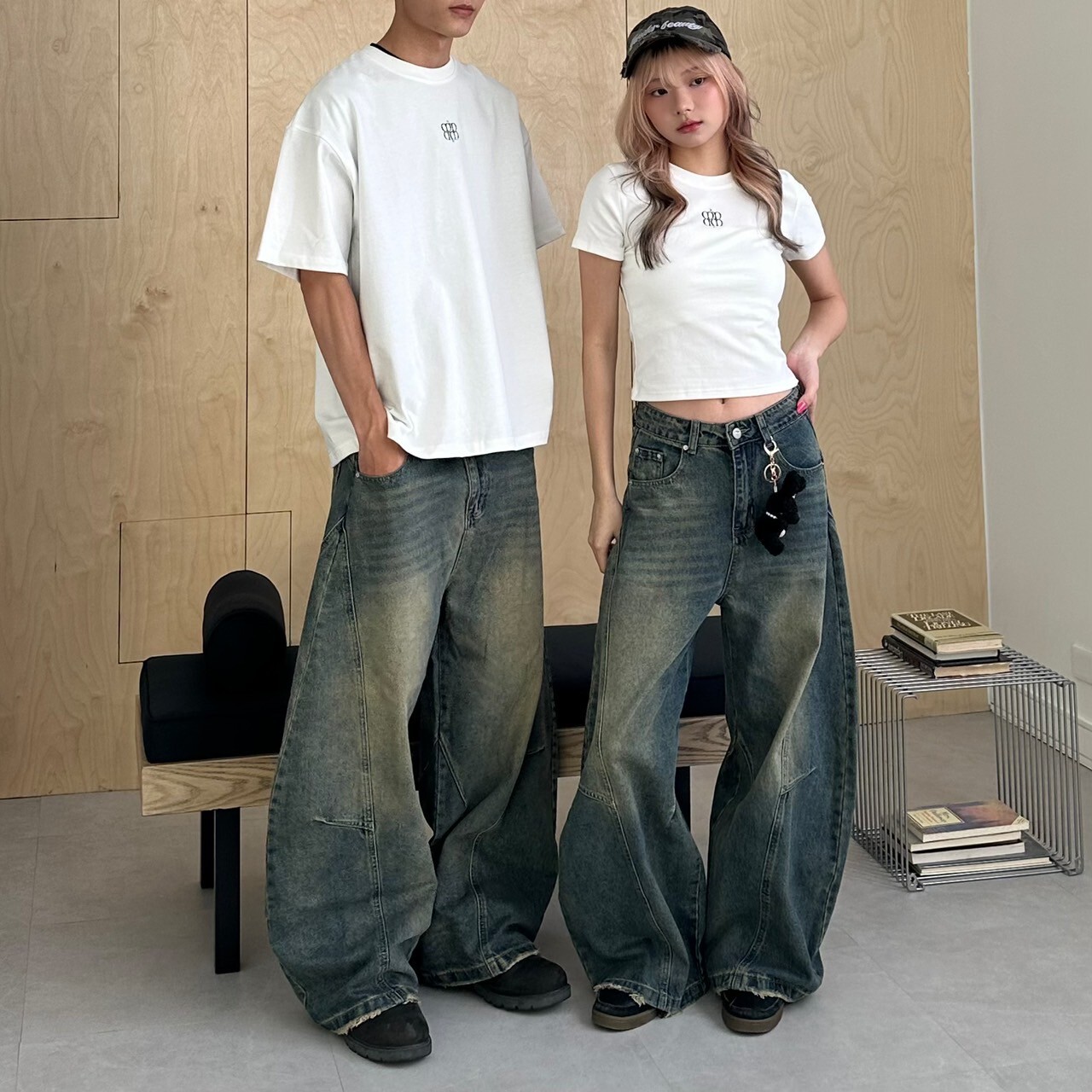 mmb復古完美墜感情侶彎刀褲