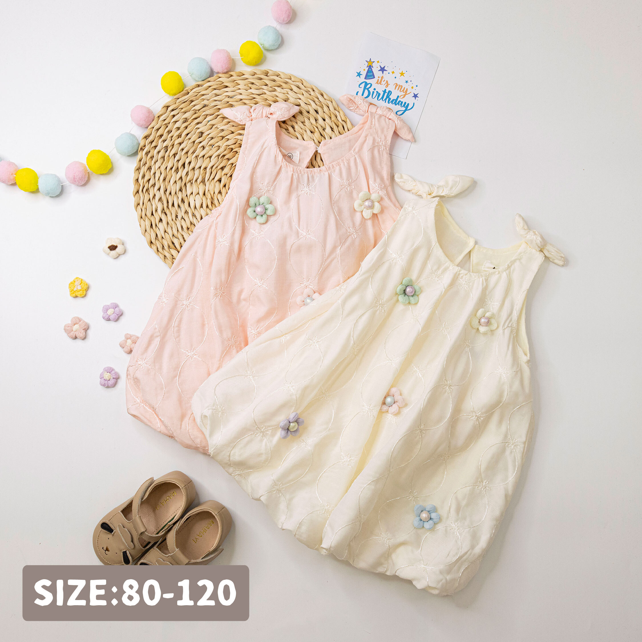 【H50529】繽紛立體花朵下鬆緊洋裝＊二色