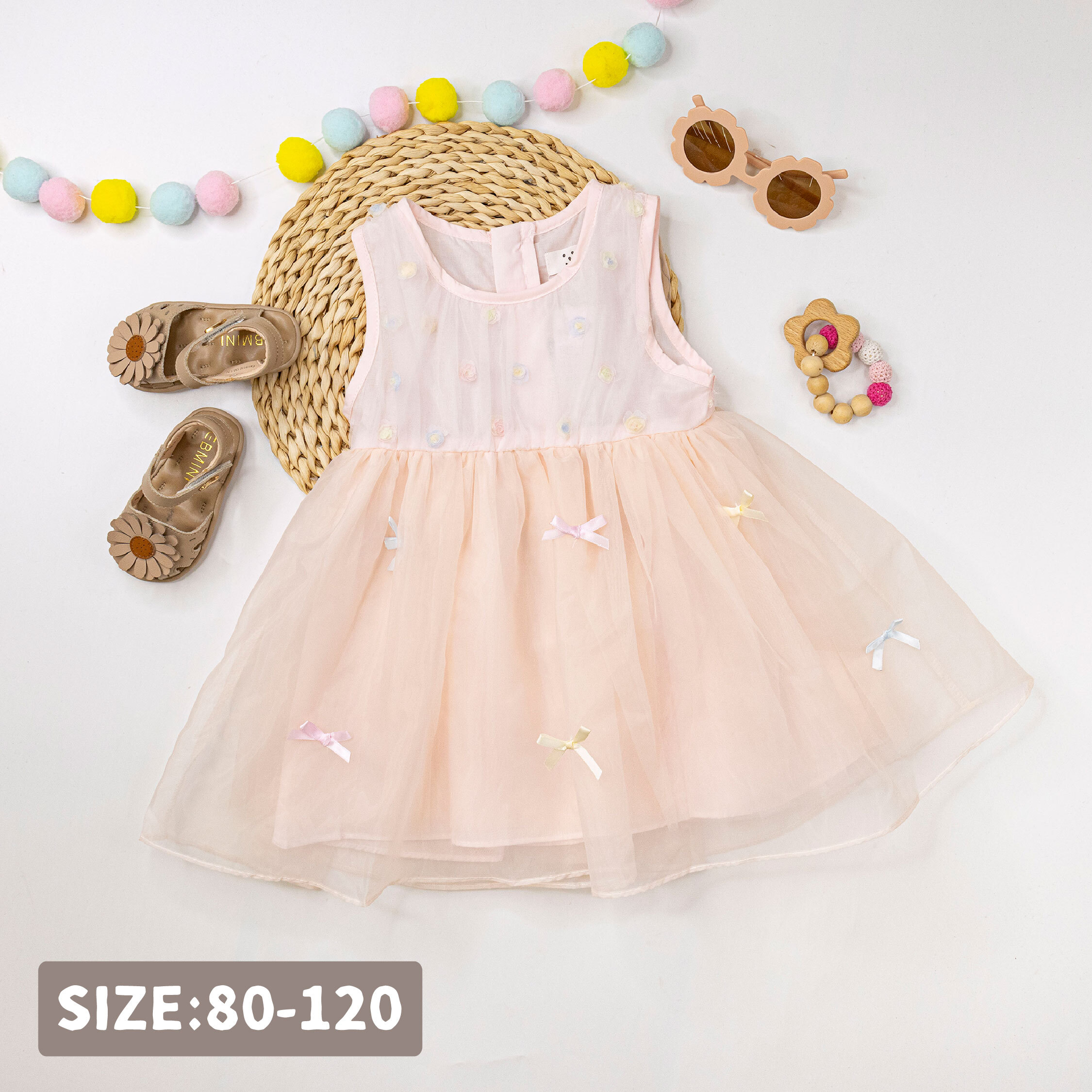 【H50522】漸層繽紛花朵蝴蝶結洋裝