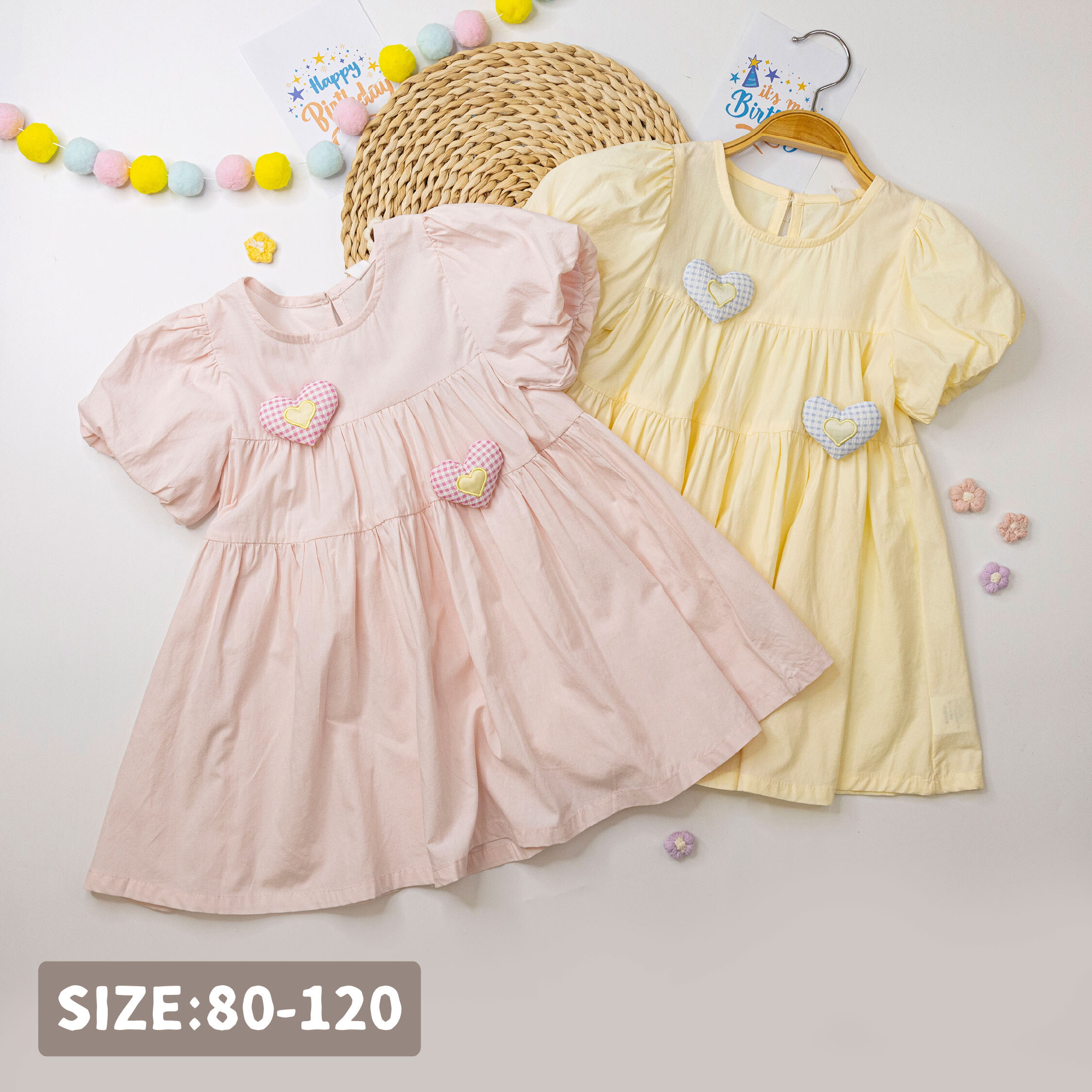 【H50534】立體格紋愛心裝飾洋裝＊二色