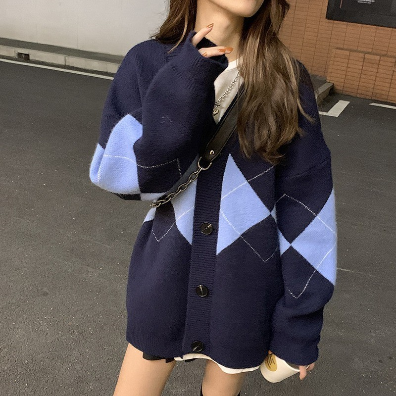 Korean Argyle College-Style Relaxed Knit Cardigan