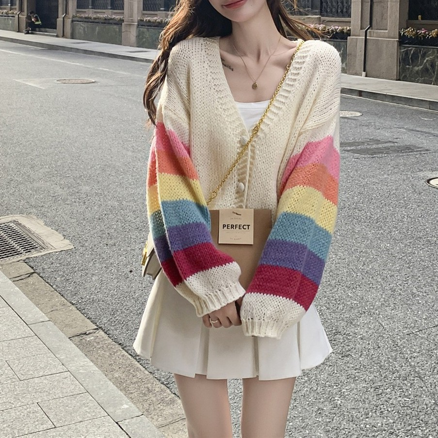 Sweet Rainbow Striped V-Neck Knit Cardigan