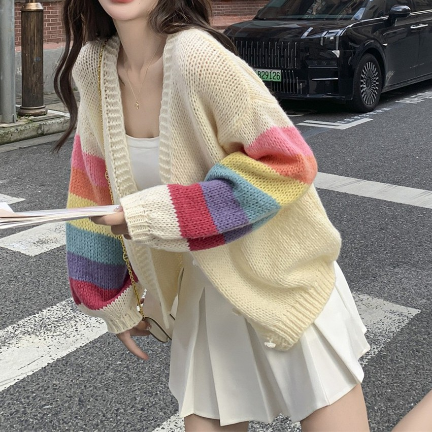 Sweet Rainbow Striped V-Neck Knit Cardigan