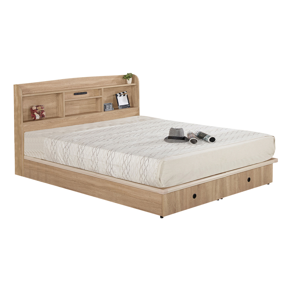 喬西5尺雙人梧桐色抽屜床組(附插座加厚書架型床頭片+二抽床底-不含床墊)