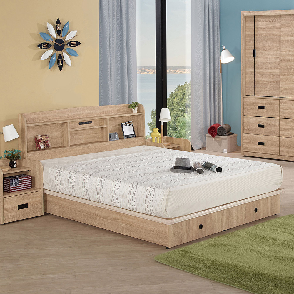 喬西5尺雙人梧桐色抽屜床組(附插座加厚書架型床頭片+二抽床底-不含床墊)