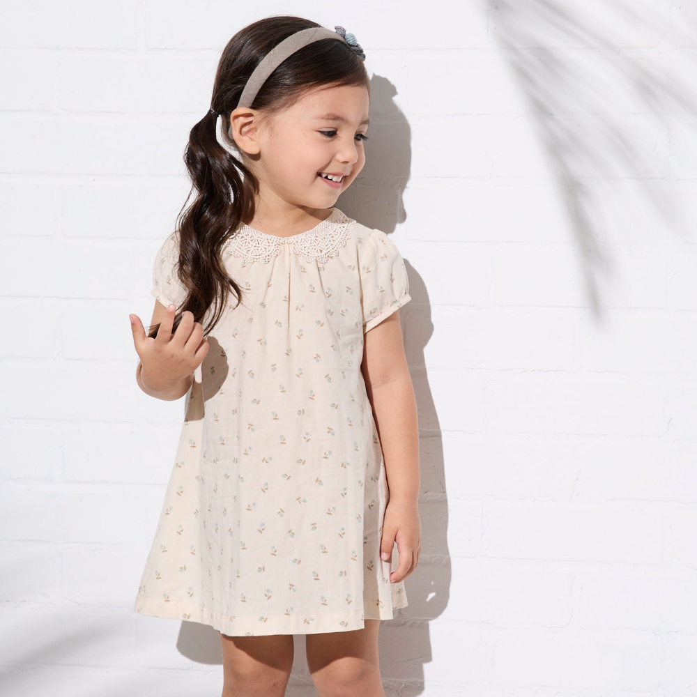 PIPPY純棉碎花蕾絲領連身裙洋裝 米