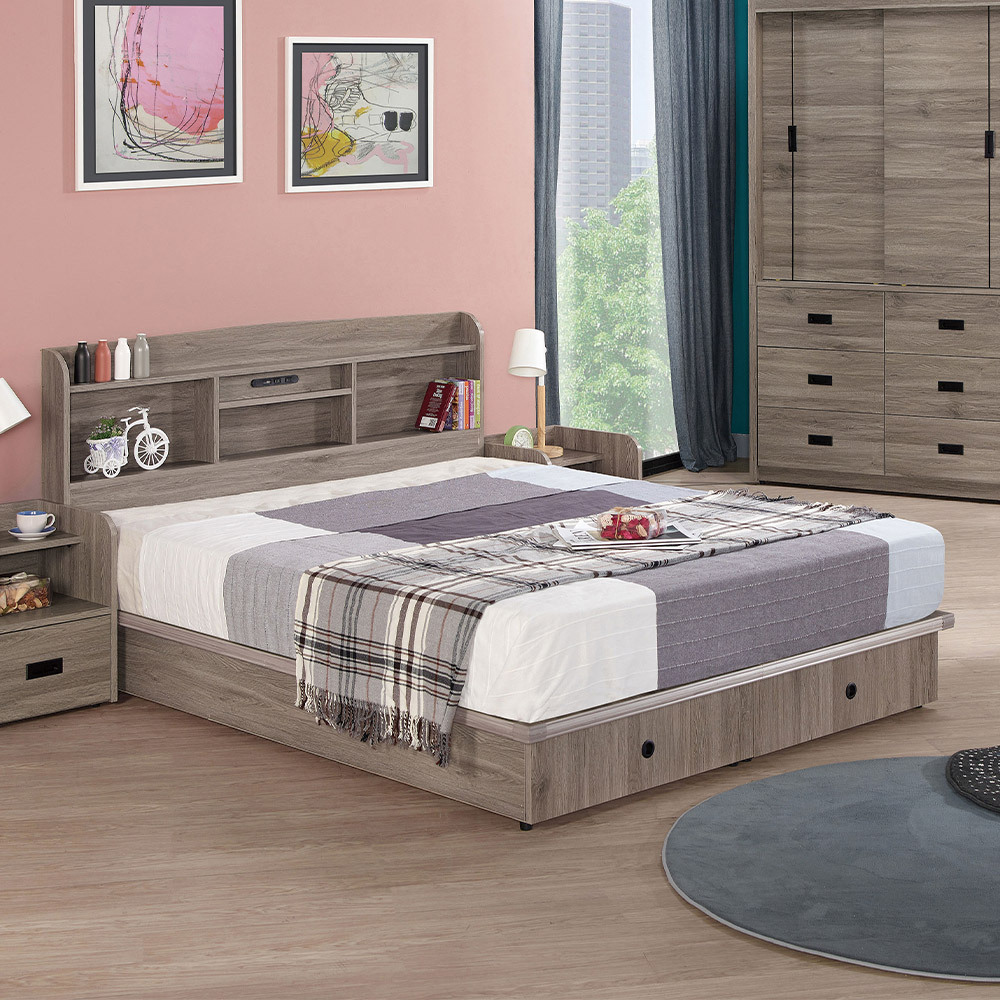 喬西5尺雙人灰橡色抽屜床組(附插座加厚書架型床頭片+二抽床底-不含床墊)