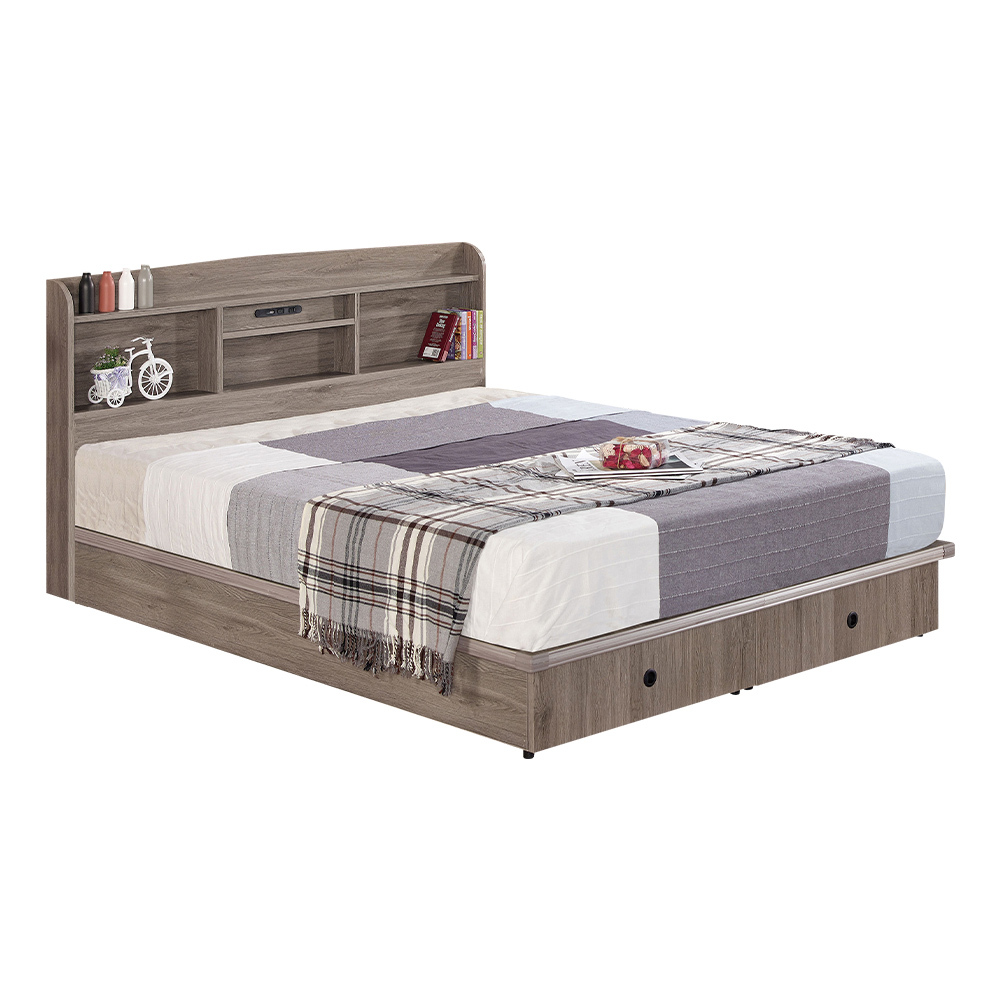 喬西5尺雙人灰橡色抽屜床組(附插座加厚書架型床頭片+二抽床底-不含床墊)