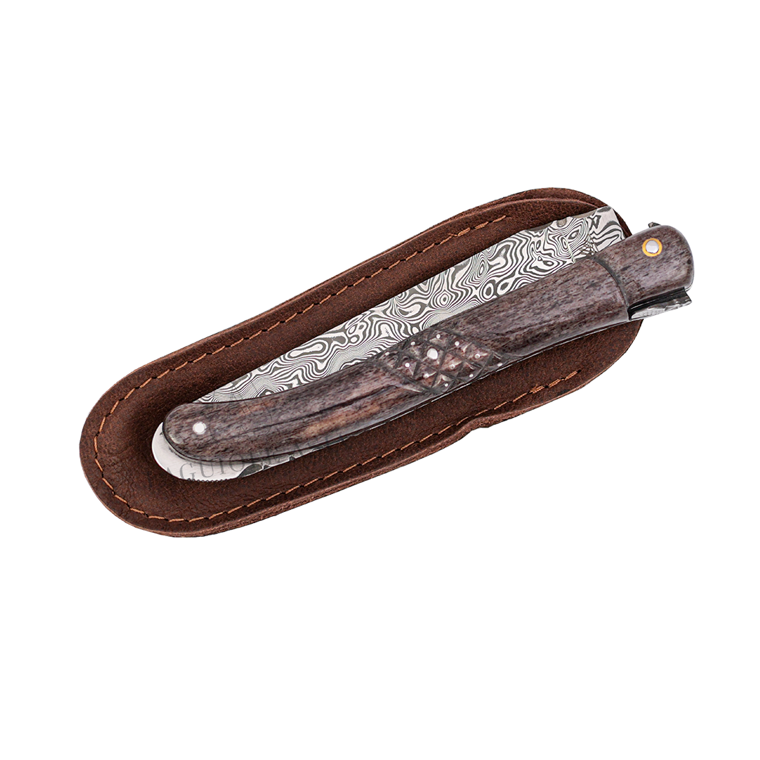 FONTENILLE PATAUD ⋆ Laguiole ⋆ 大馬士革鋼 ⋆ 雅褐色長頸鹿骨 ⋆ 12cm 折刀 ⋆ 菱刻紋點針鑲釘手柄