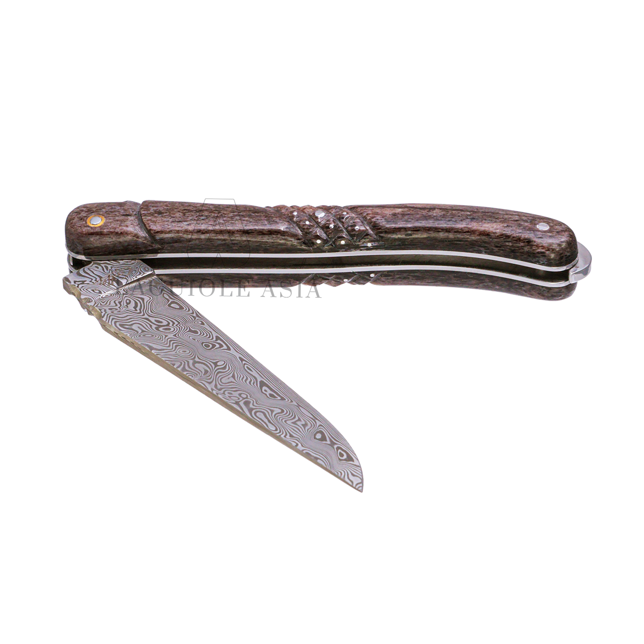 FONTENILLE PATAUD ⋆ Laguiole ⋆ 大馬士革鋼 ⋆ 雅褐色長頸鹿骨 ⋆ 12cm 折刀 ⋆ 菱刻紋點針鑲釘手柄