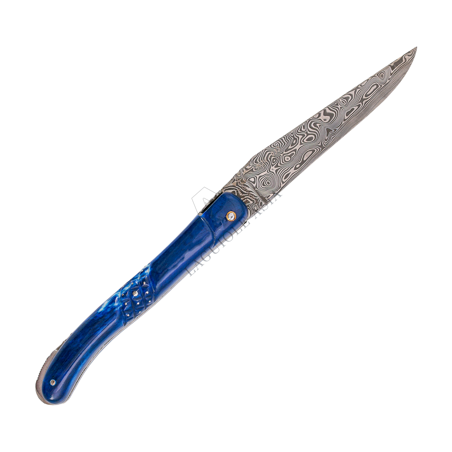 FONTENILLE PATAUD ⋆ Laguiole ⋆ 大馬士革鋼 ⋆ 碧藍長頸鹿骨 ⋆ 12cm 折刀 ⋆ 菱刻紋點針鑲釘手柄