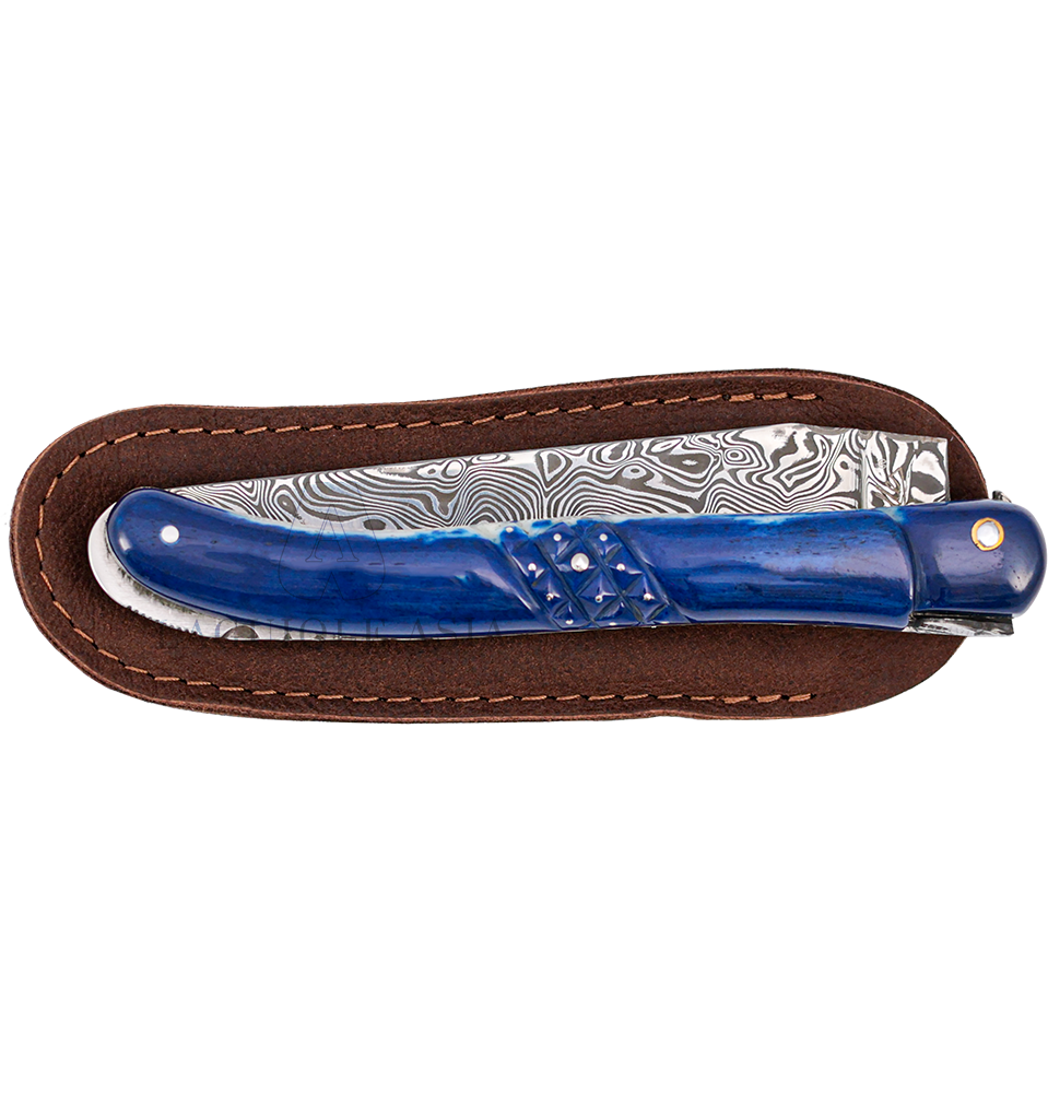 FONTENILLE PATAUD ⋆ Laguiole ⋆ 大馬士革鋼 ⋆ 碧藍長頸鹿骨 ⋆ 12cm 折刀 ⋆ 菱刻紋點針鑲釘手柄