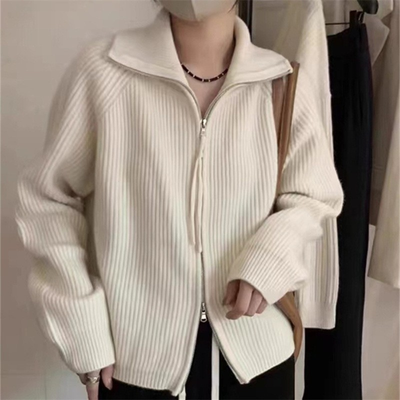 Zipper High-Neck Cozy Knit Jacket in Slouchy Style