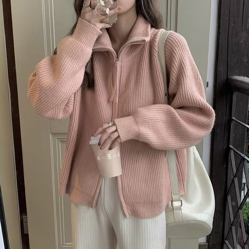 Zipper High-Neck Cozy Knit Jacket in Slouchy Style