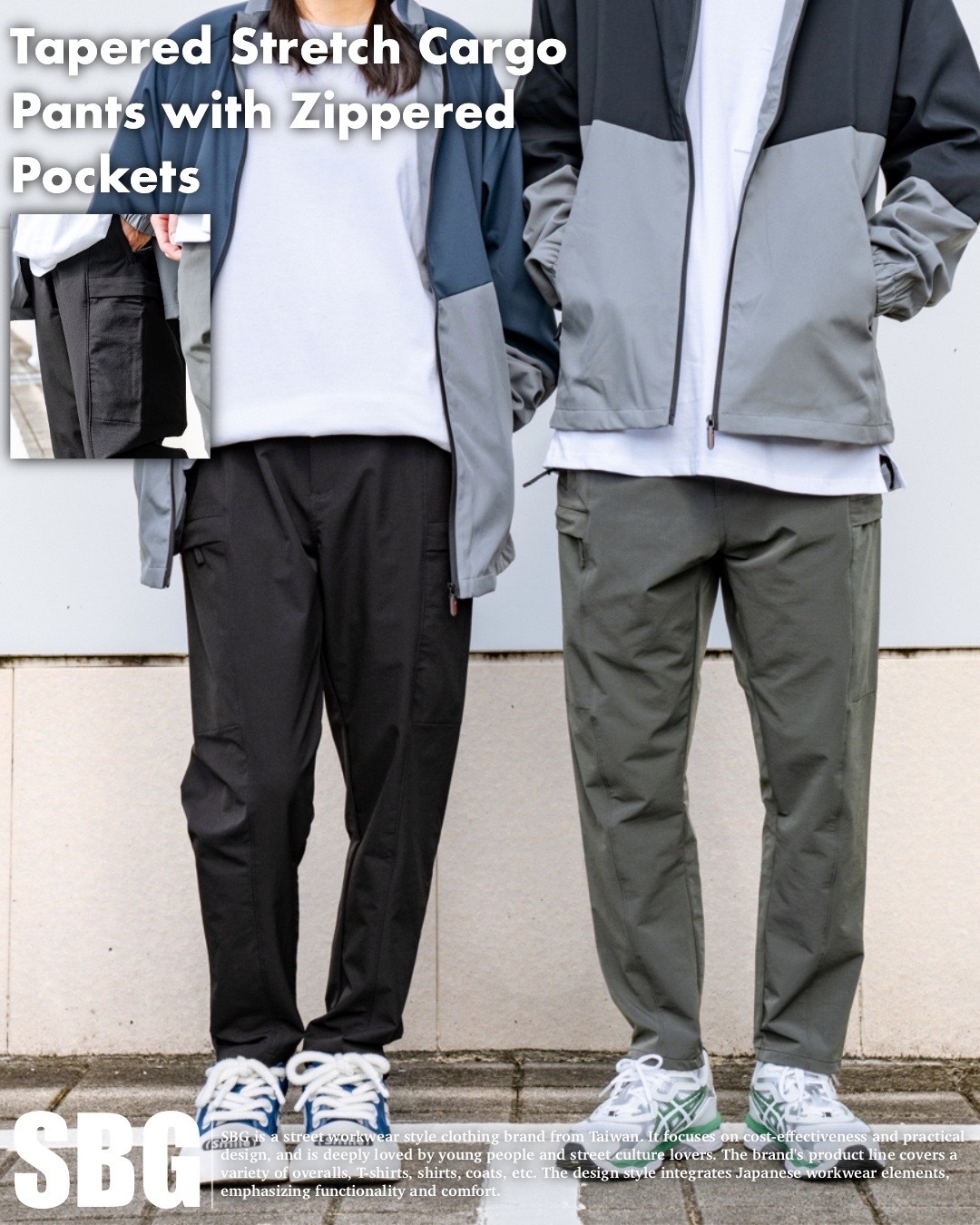 #預購 SBG 拉鍊口袋微彈上寬下窄工裝長褲 兩色 046