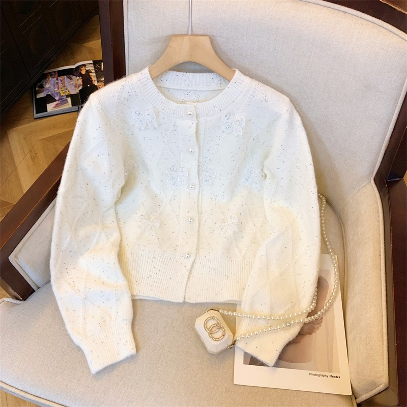 Chanel-Inspired Bow Accent Cropped Knit Cardigan