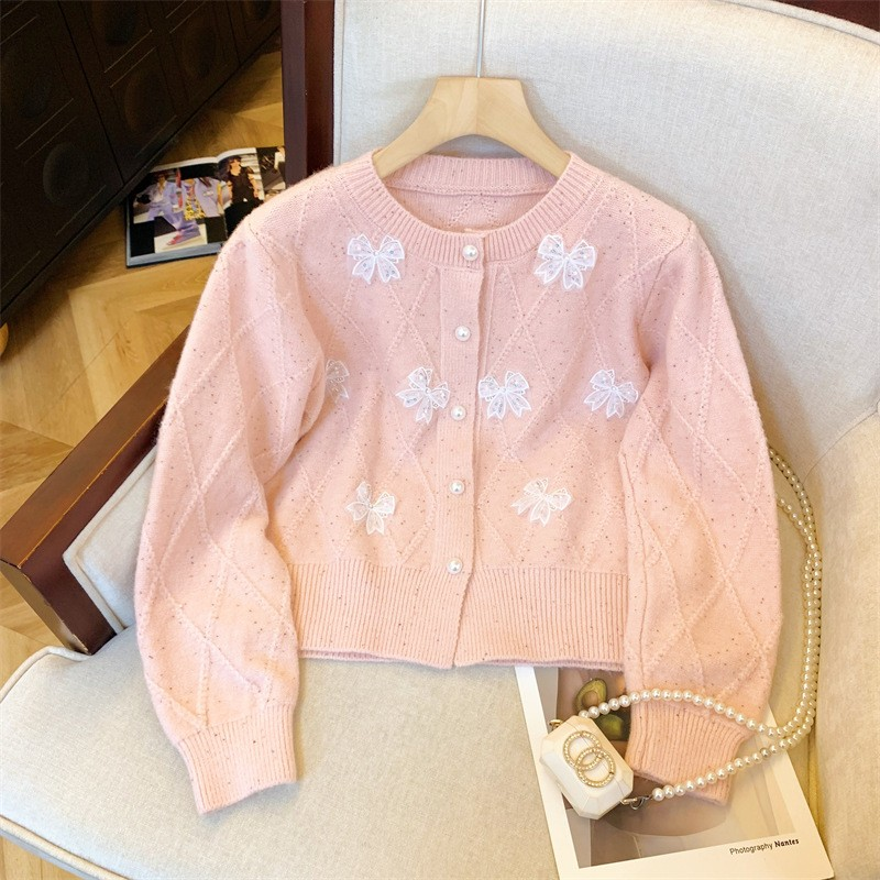 Chanel-Inspired Bow Accent Cropped Knit Cardigan