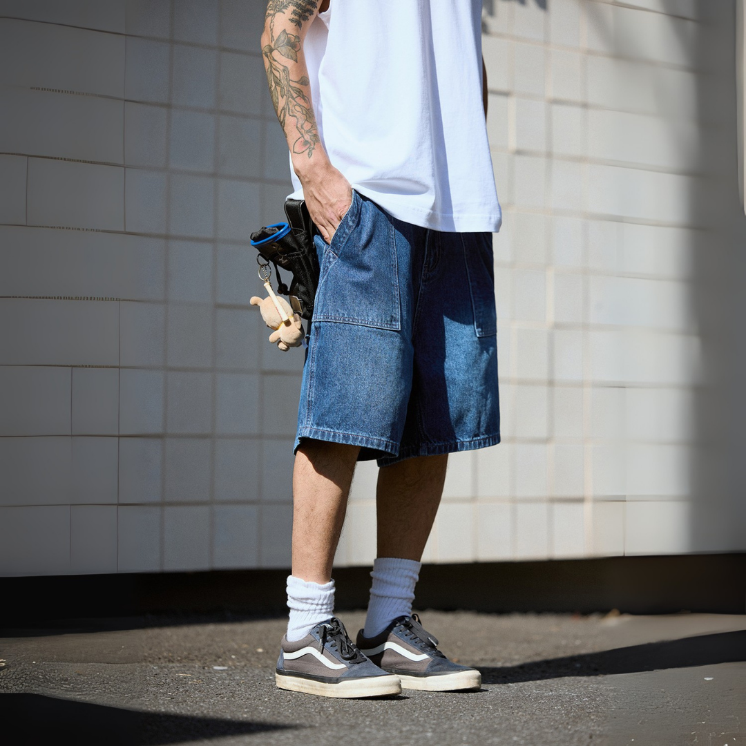 寬版水洗工裝口袋牛仔短褲