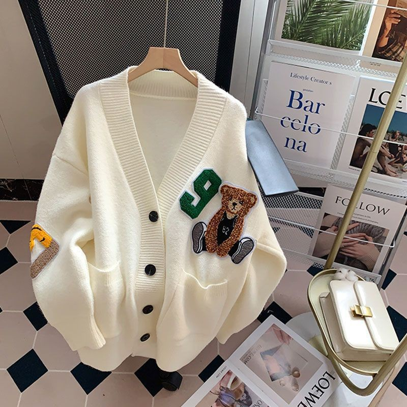 Preppy V-Neck Embroidered Bear Knit Cardigan
