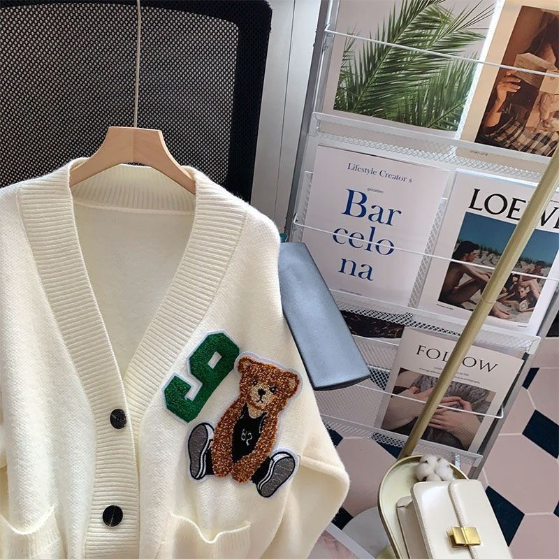 Preppy V-Neck Embroidered Bear Knit Cardigan