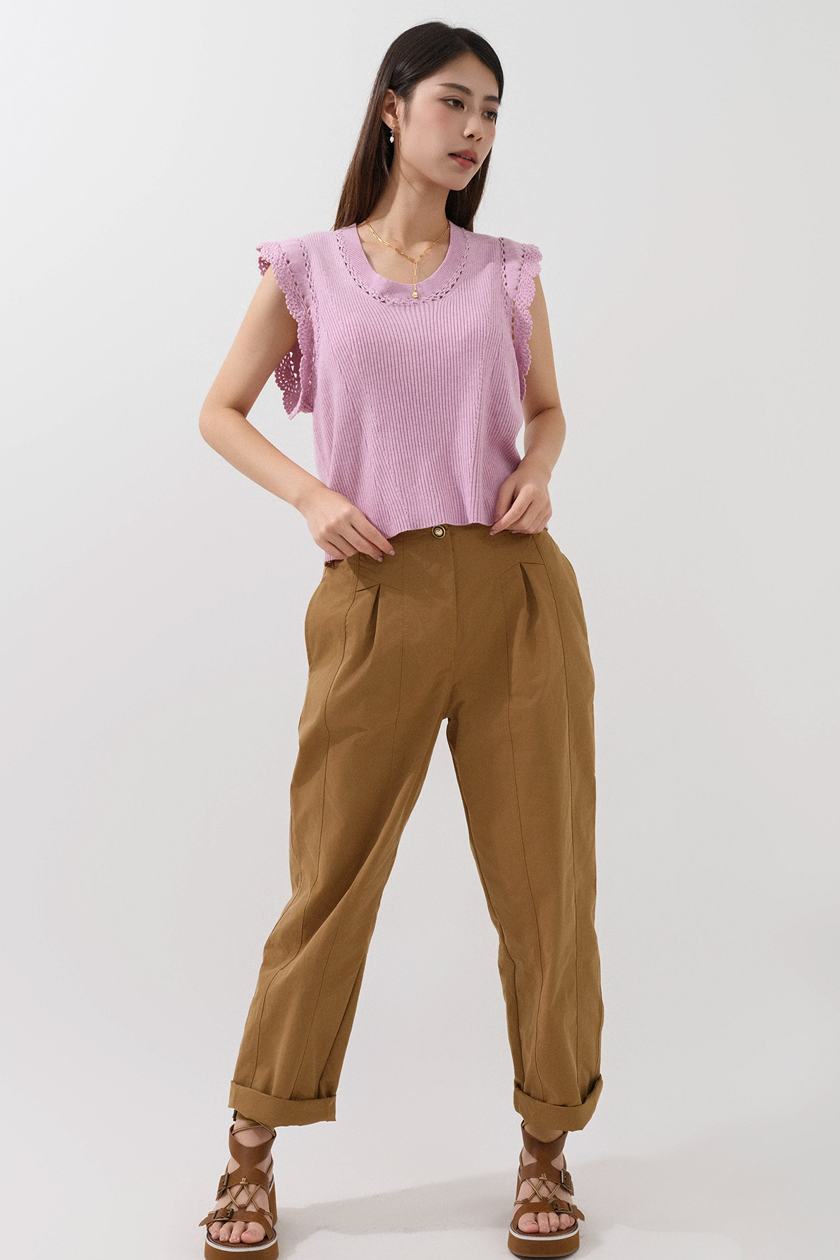 織花邊袖針織背心  (*現貨款式）