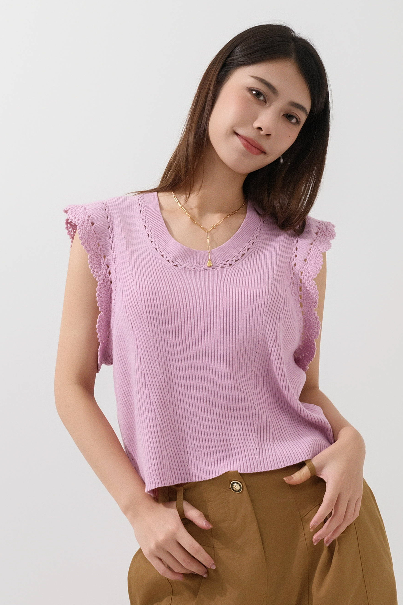 織花邊袖針織背心  (*現貨款式）