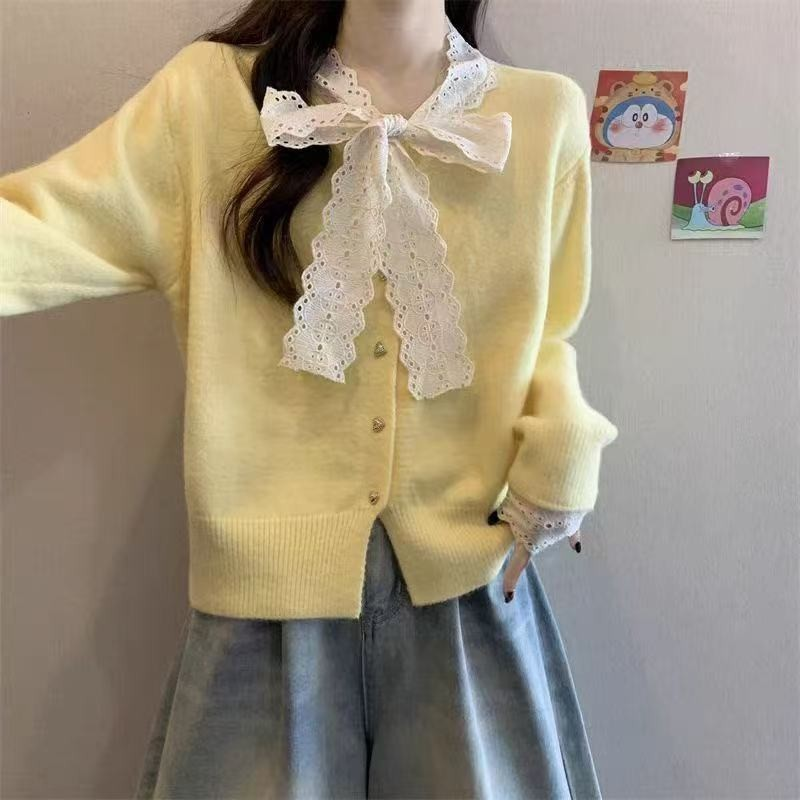 Lace Bow V-Neck Knit Sweater