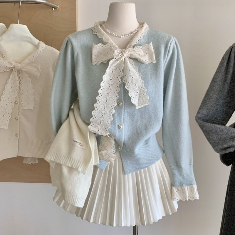 Lace Bow V-Neck Knit Sweater