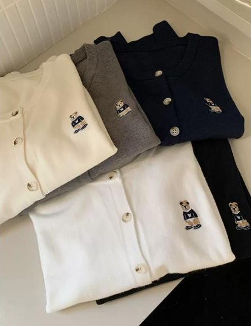 Korean INS-Style Bear Embroidered Knit Cardigan
