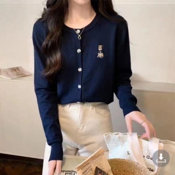Korean INS-Style Bear Embroidered Knit Cardigan