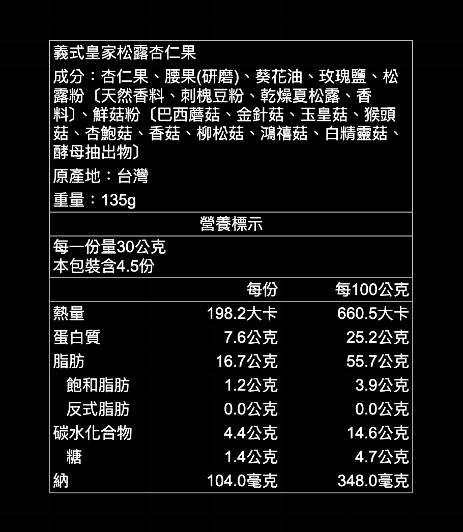 新藍寶1號禮盒｜松露杏仁果135g＋松露杏仁果隨手包30g2入＋松露夏威夷果30g＋松露腰果隨手包30g2入