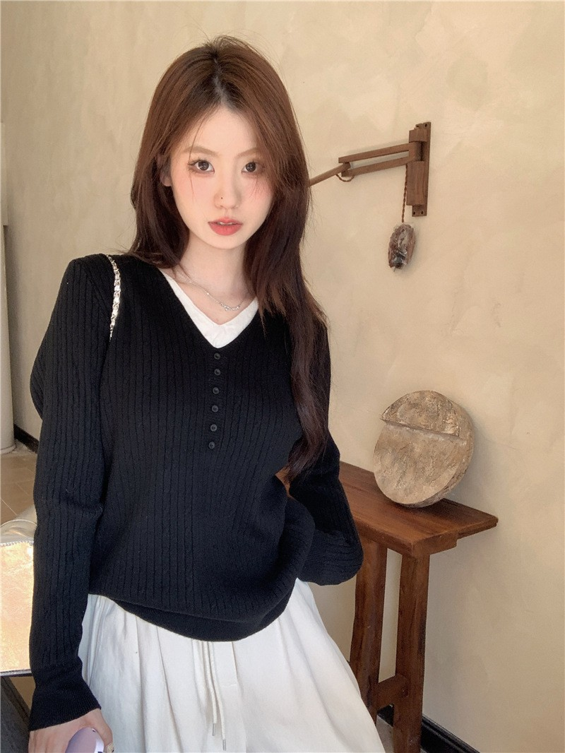 Contrast V-Neck Layered-Look Long Sleeve Knit Top